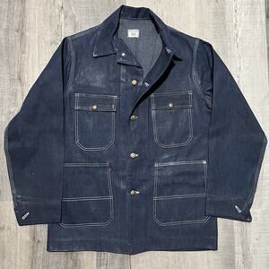 VTG 1970s Big Mac Raw Denim Mens Chore Coat 4 Pocket Unlined Barn Work Sz Large
